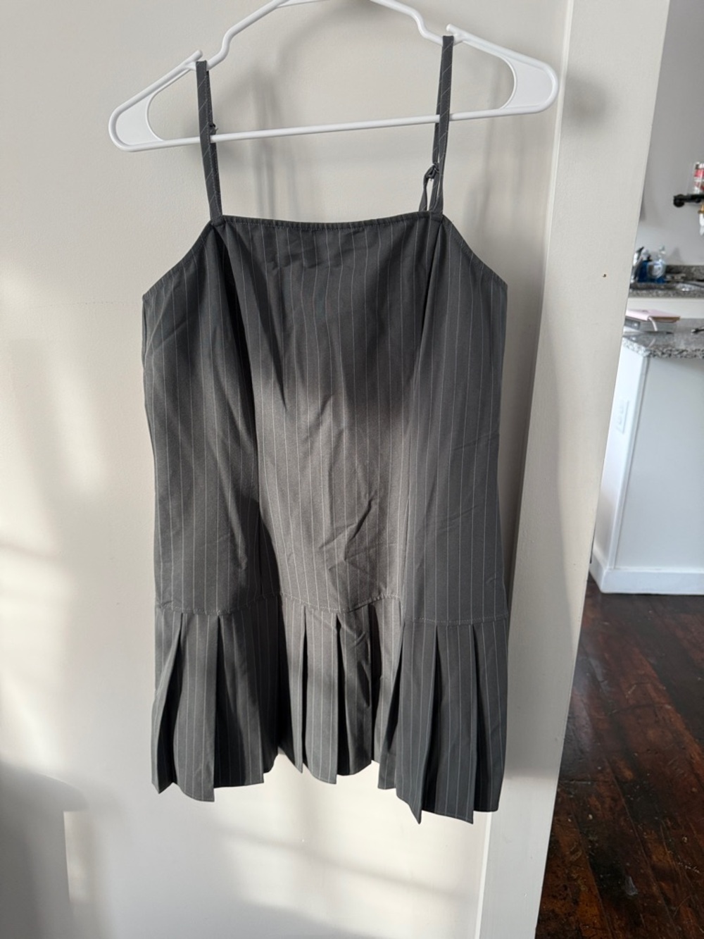 Marshalls Charcoal Pinstripe Pleated Hem Spaghetti Strap Dress